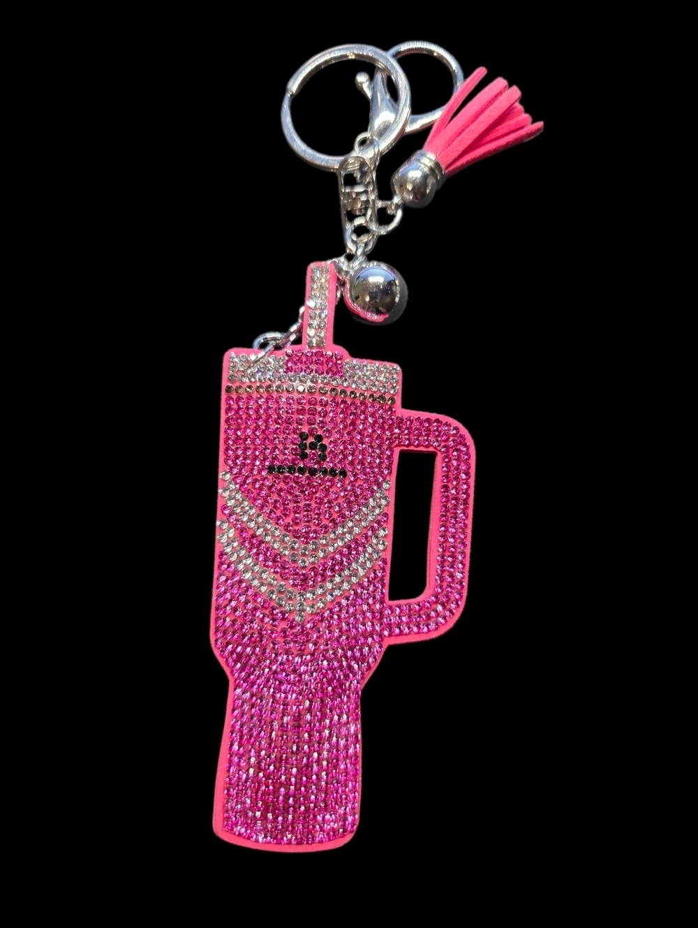 Rhinestone Pink Tumbler Bag Charm Keychain with Tassel